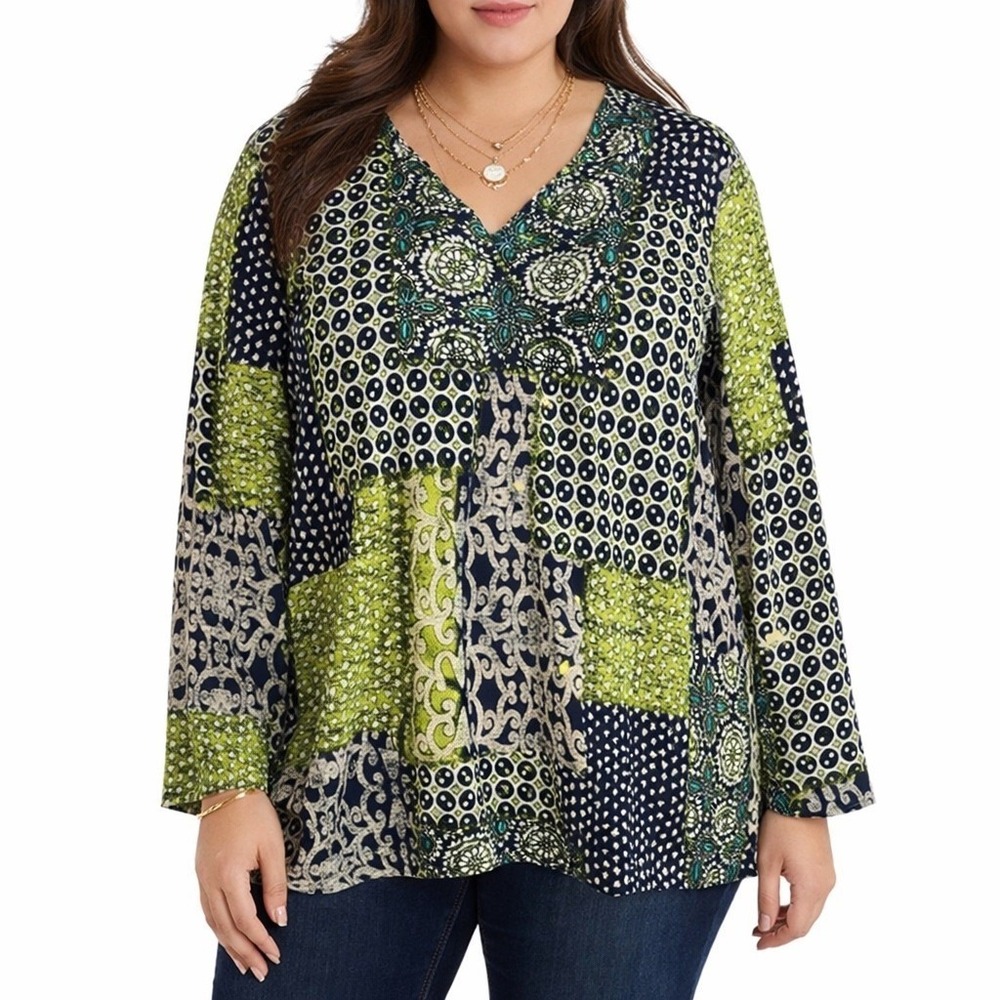 Patchwork Boho Tunic Top XL‎ Long Sleeve Green Blue Embellished Retro Festival